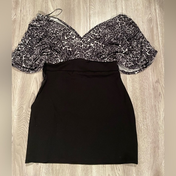 Le Chateau black fitted dress with grey-blue animal print off shoulder top - Picture 2 of 6
